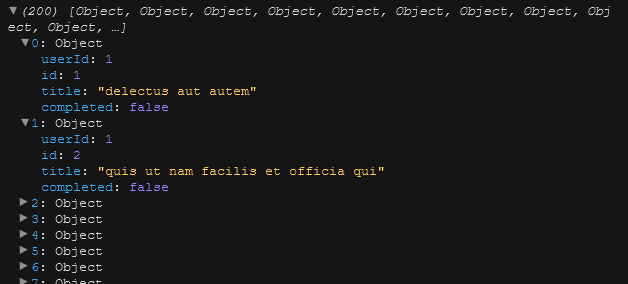 Console showing JSON data