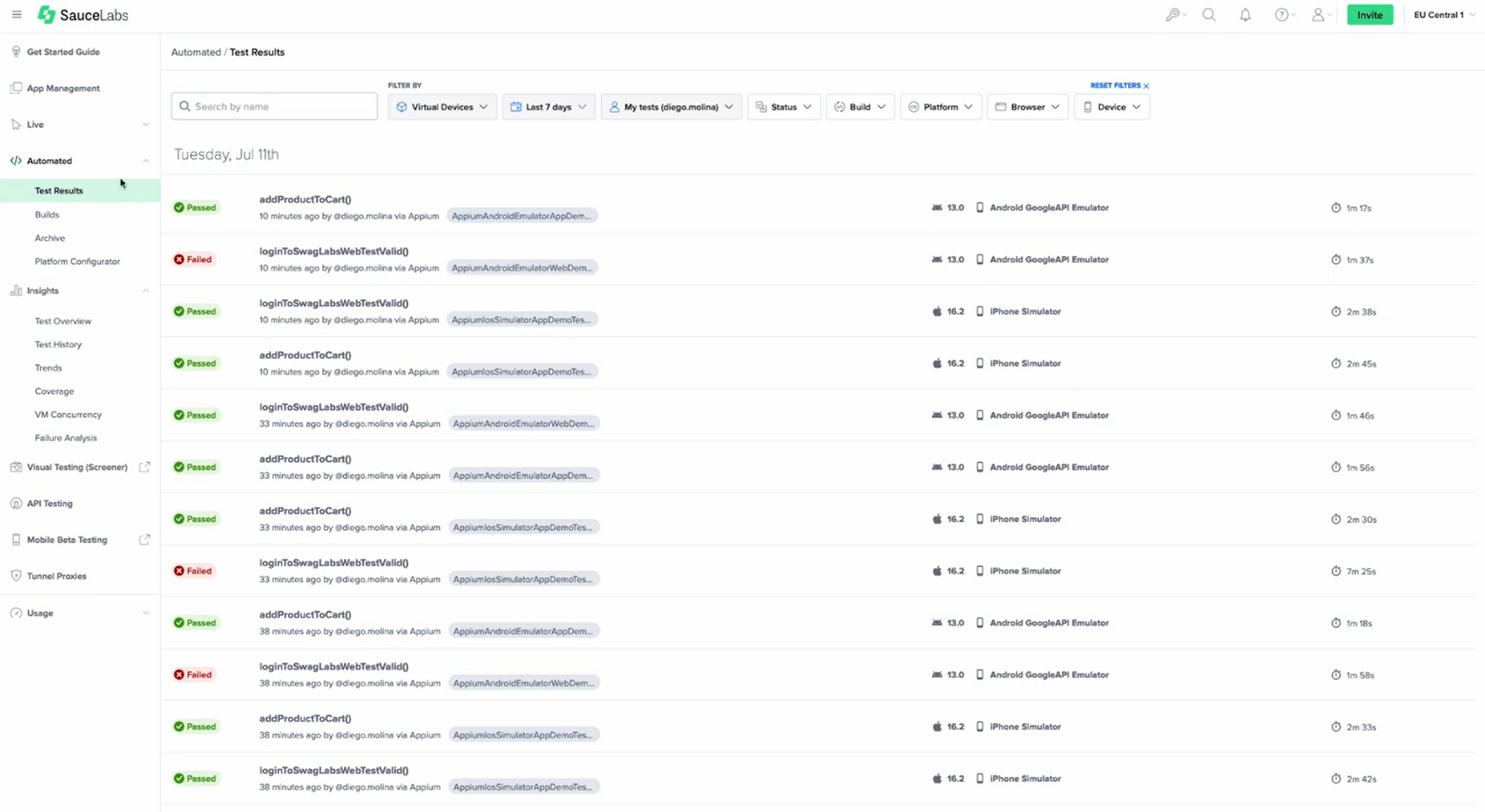 Screenshot of Sauce Labs’ test results